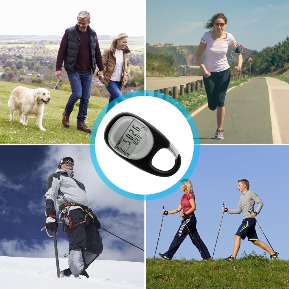 3D Pedometer with LED Display for Running and Walking, Portable Step Counter with Climbing Carabiners, Black
