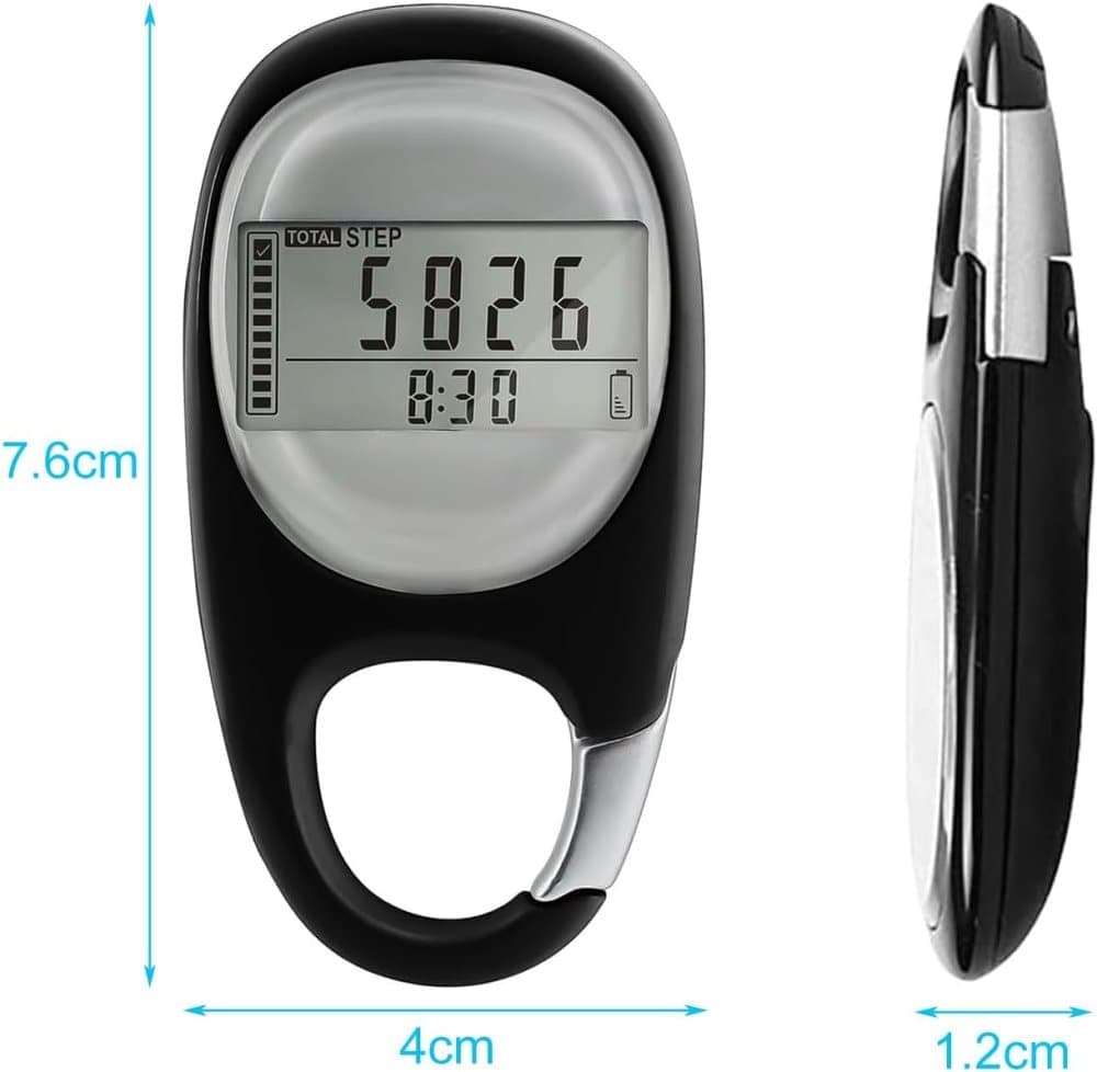 3D Pedometer with LED Display for Running and Walking, Portable Step Counter with Climbing Carabiners, Black