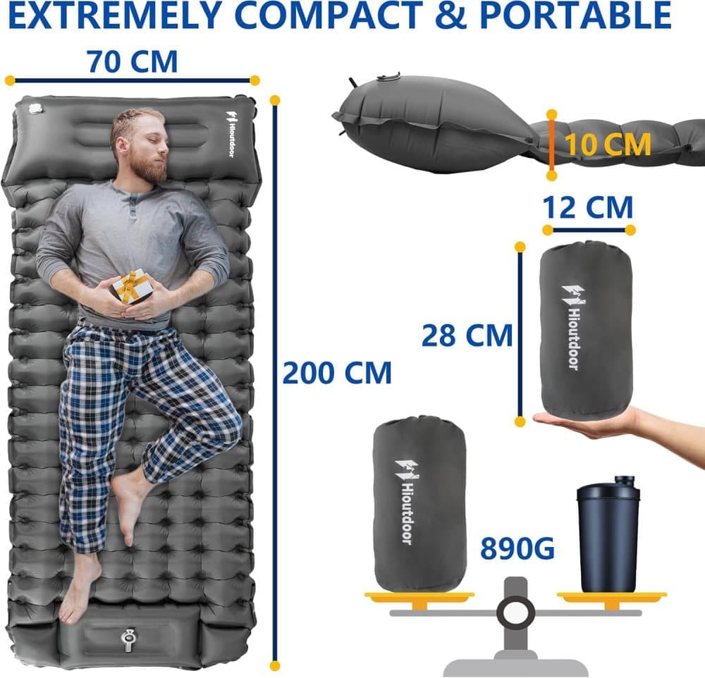 Self-inflating mattress Black, 10cm, waterproof lightweight tear-resistant durable with foot pump for camping beach hiking