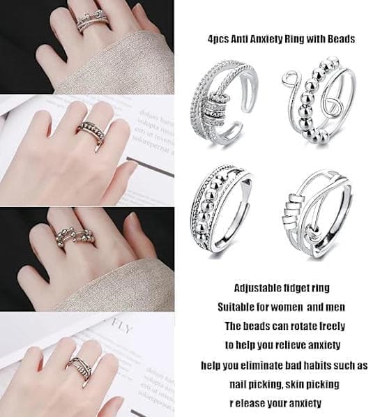 4pcs Fidget Spinner Rings for Women, Adjustable Anti-Stress Stackable Open Spinning Knuckle Rings, Stainless Steel