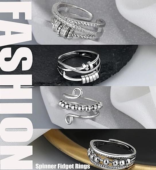 4pcs Fidget Spinner Rings for Women, Adjustable Anti-Stress Stackable Open Spinning Knuckle Rings, Stainless Steel