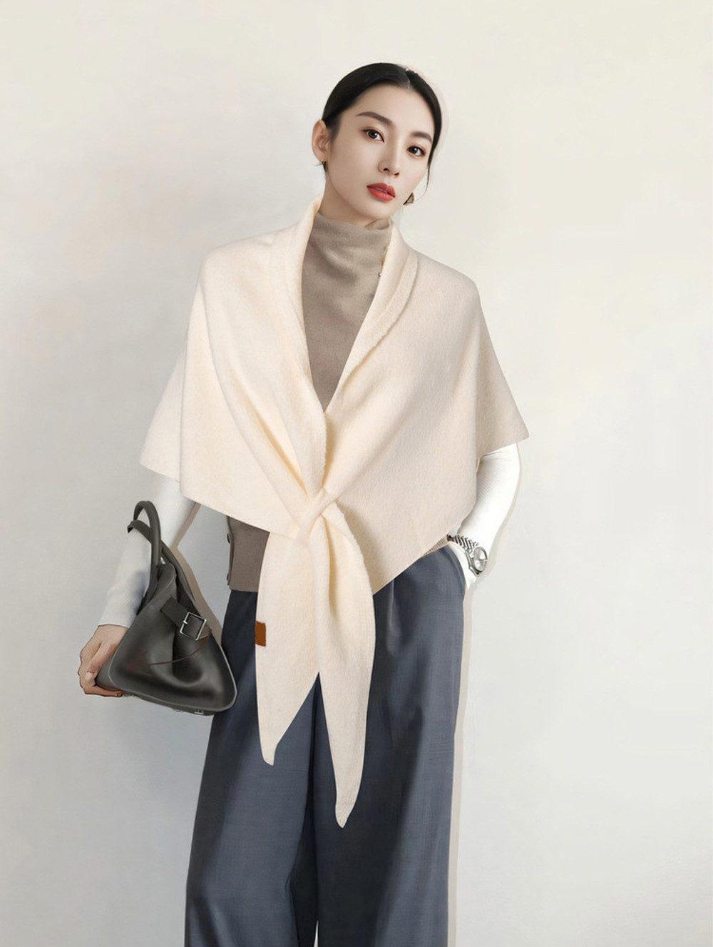Women's Faux Cashmere Shawl Scarf Warm Extra-Long Large Triangular Wrap, 180 x 70 cm, White, Ideal for Party Wedding Evening Outfits