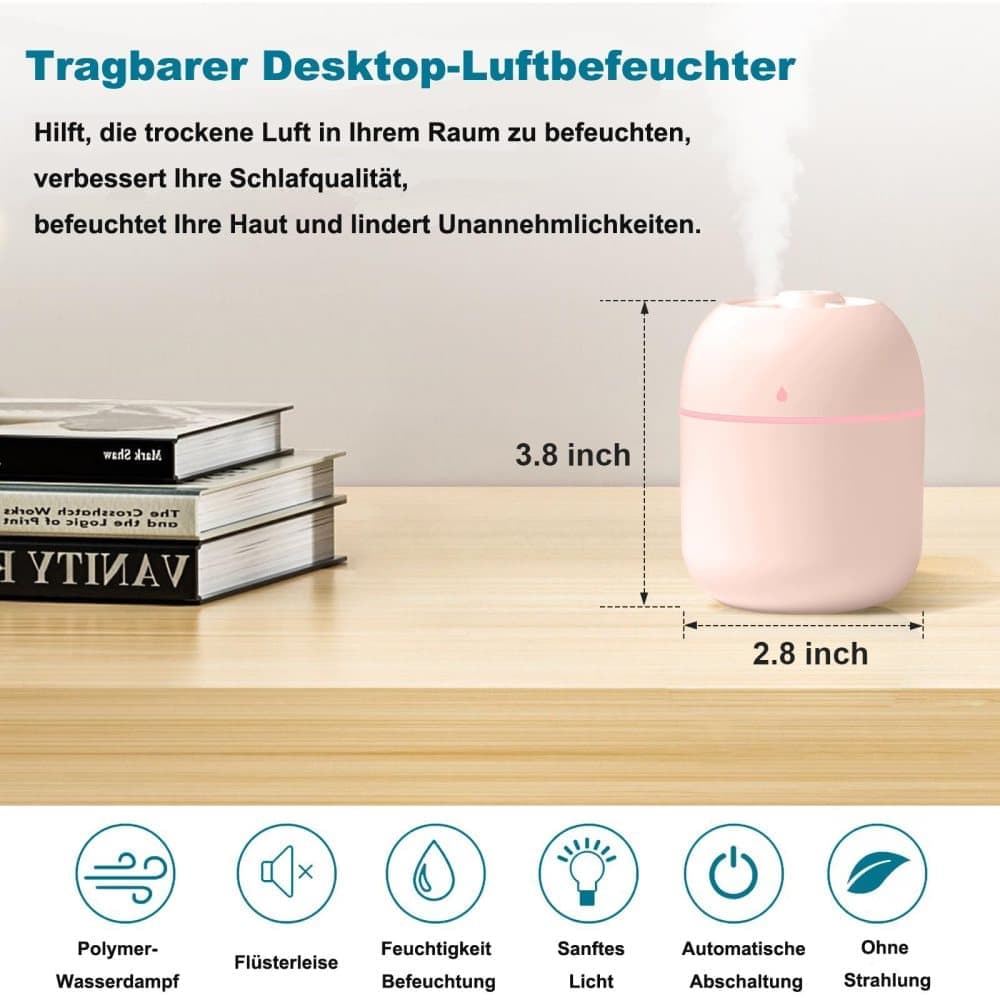 Portable Mini Humidifier 0.22L with USB, Automatic Shutoff, 2 Spray Modes for Bedroom Office and Car, Pink
