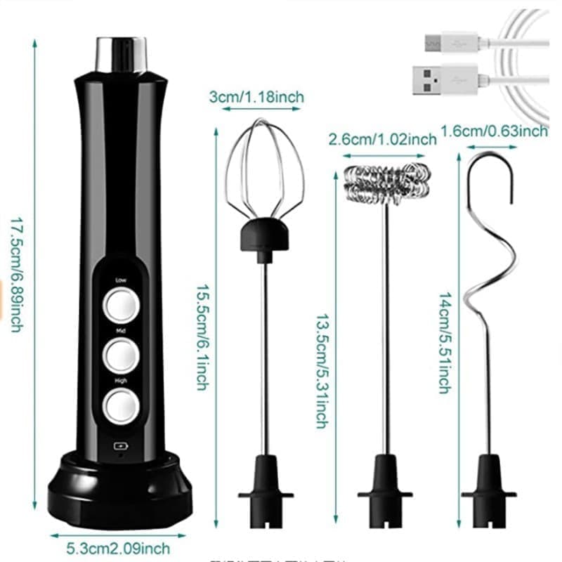 USB Rechargeable Electric Whisk with 3 Speeds, Egg Beater Milk Frother for Coffee and Cappuccino, Compatible with Most Brands, White