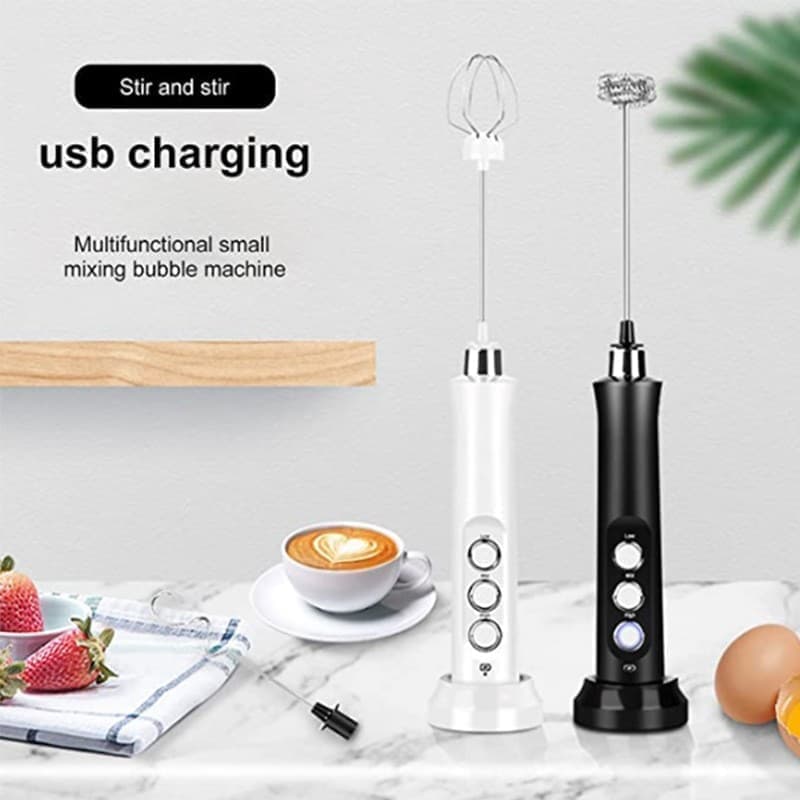 Electric Whisk USB Rechargeable with 3 Speeds, Egg Beater Milk Frother for Coffee and Cappuccino, Compatible with Most Brands, Black