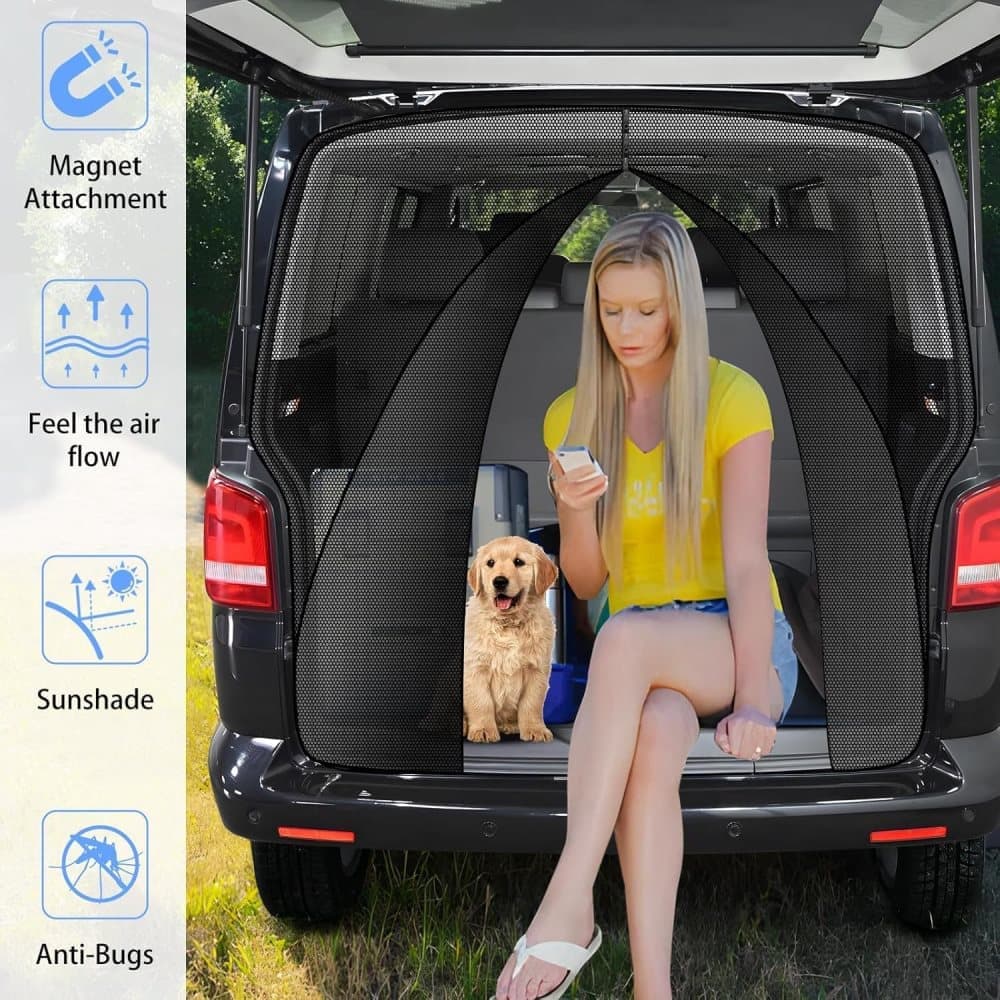 Universal Mosquito Net for Car Tailgate with Magnetic Attachment, Black, 165x165cm, Compatible with Camping and Motorhome Outdoors