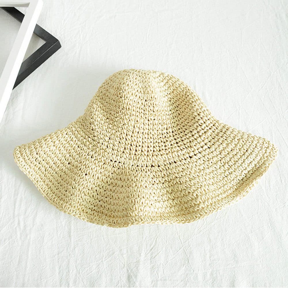 Women's Foldable Sun Hat Braided Wide Brim Beach Hat, Light and Breathable, 57-59 cm, Beige