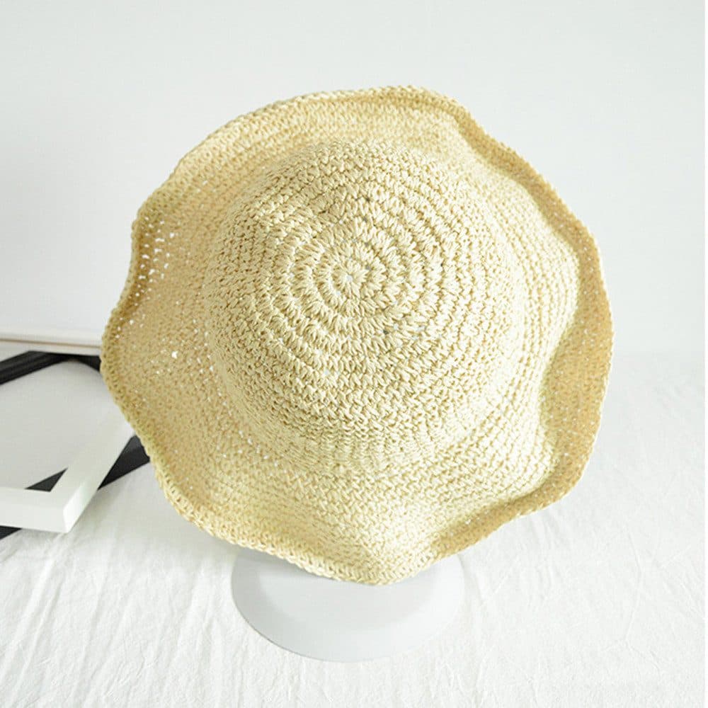 Women's Foldable Sun Hat Braided Wide Brim Beach Hat, Light and Breathable, 57-59 cm, Beige