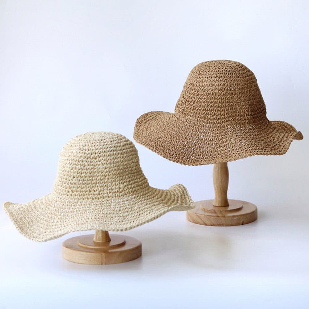 Women's Foldable Sun Hat Braided Wide Brim Beach Hat, Light and Breathable, 57-59 cm, Brown