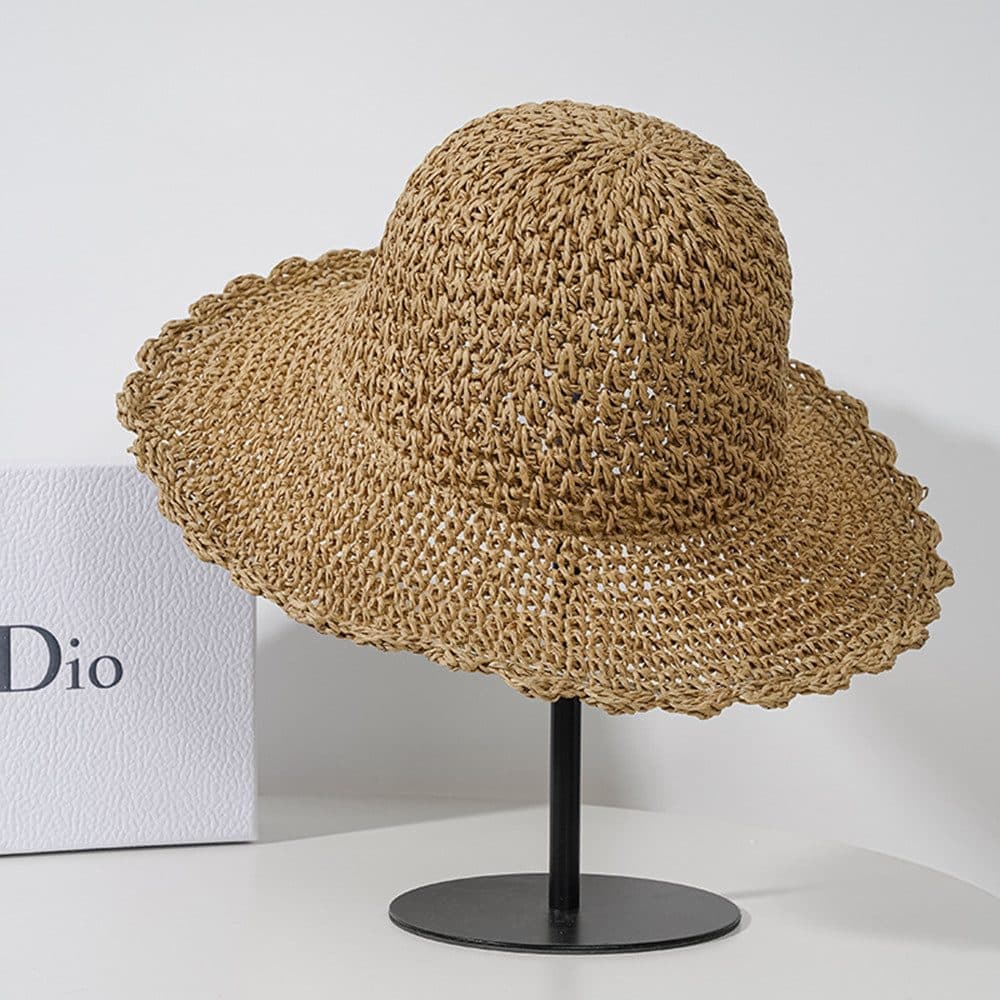 Women's Foldable Sun Hat Braided Wide Brim Beach Hat, Light and Breathable, 57-59 cm, Brown