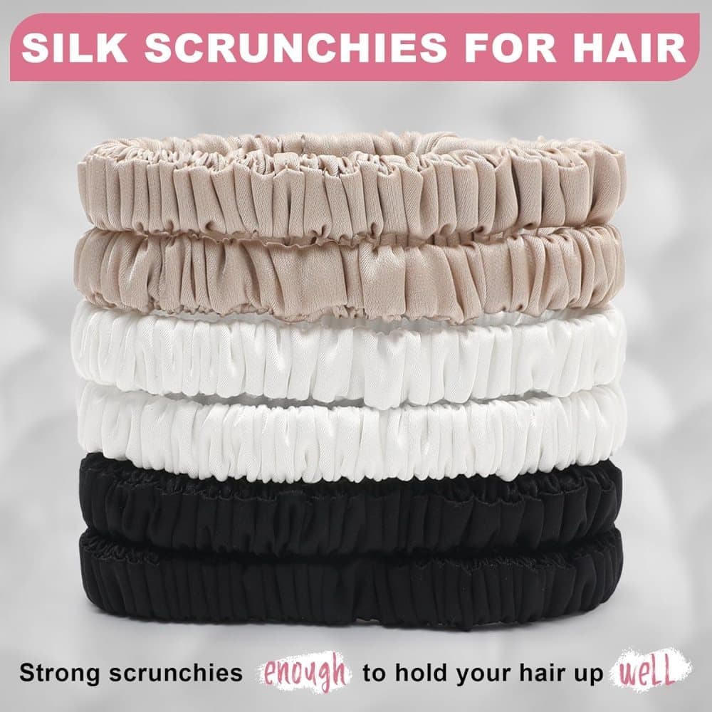 6-Pack Mulberry Silk Scrunchies Hair Bands No Damage High Elasticity, 16 Momme