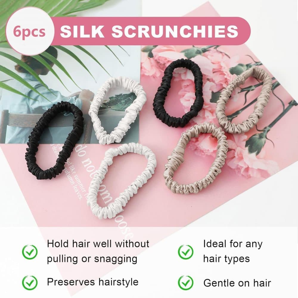 6-Pack Mulberry Silk Scrunchies Hair Bands No Damage High Elasticity, 16 Momme