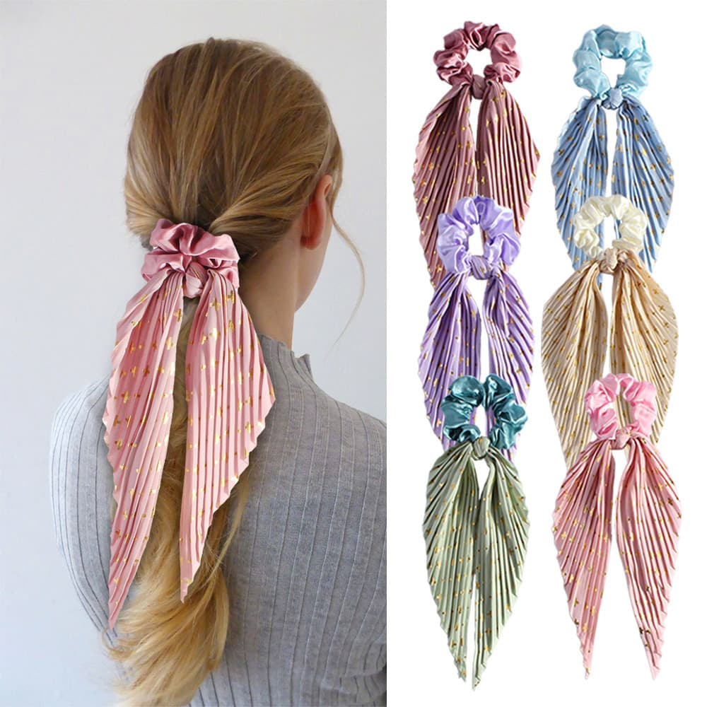 Colorful Satin Hair Ties with Bow 6-Pack, Scrunchies Hair Bands for Women, Compatible with Weddings Parties Work School Yoga