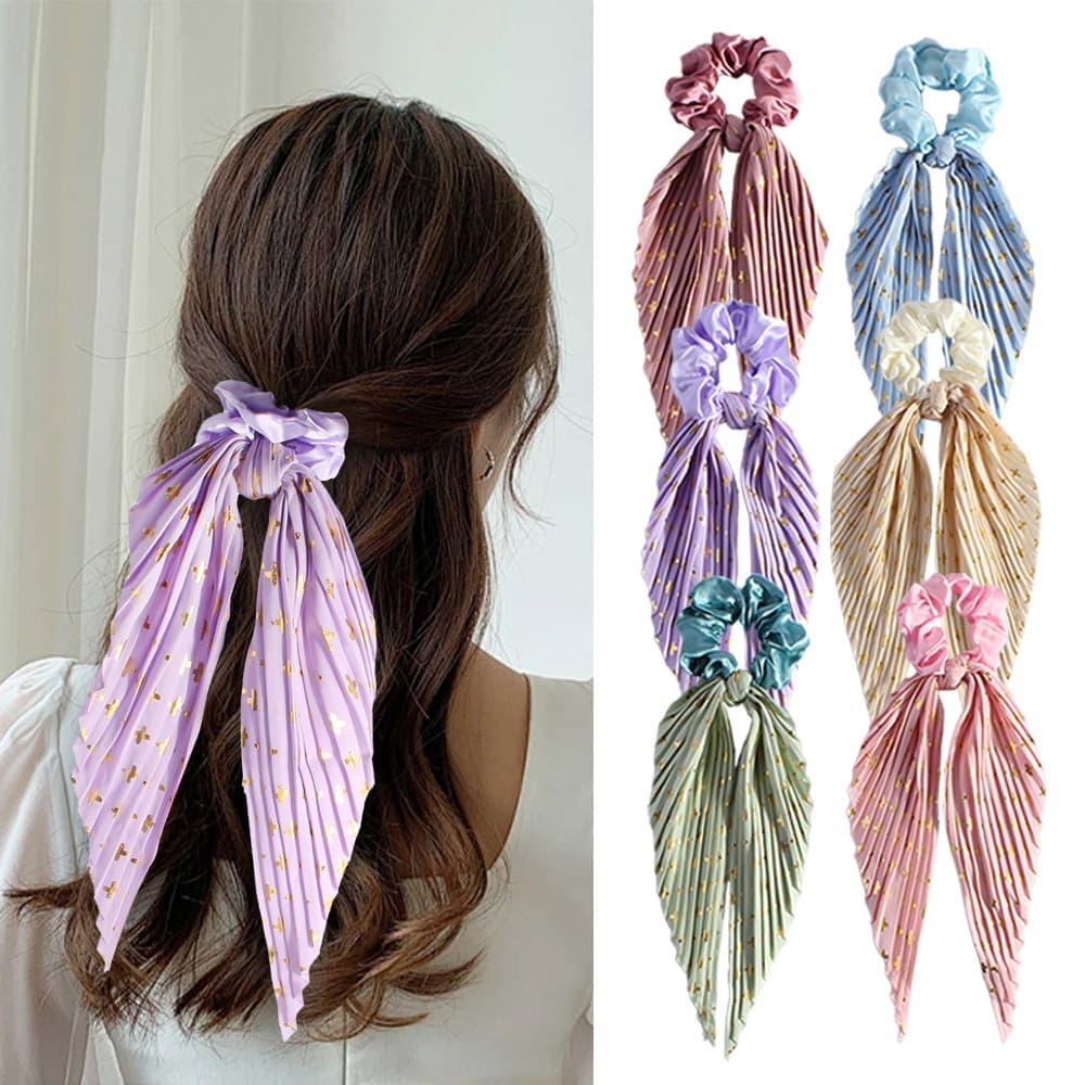 Colorful Satin Hair Ties with Bow 6-Pack, Scrunchies Hair Bands for Women, Compatible with Weddings Parties Work School Yoga