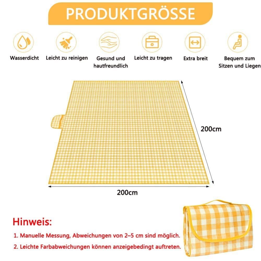 1 Waterproof Picnic Mat with Carrying Handle, Foldable for Camping Beach Park, Yellow, 150x200cm