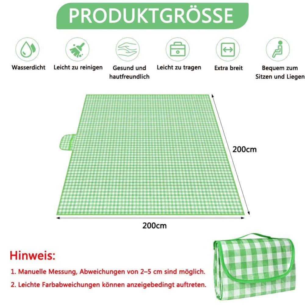 Waterproof Picnic Mat Foldable with Carrying Handle for Camping Beach Park Outdoor Activities, 200x200cm, Green
