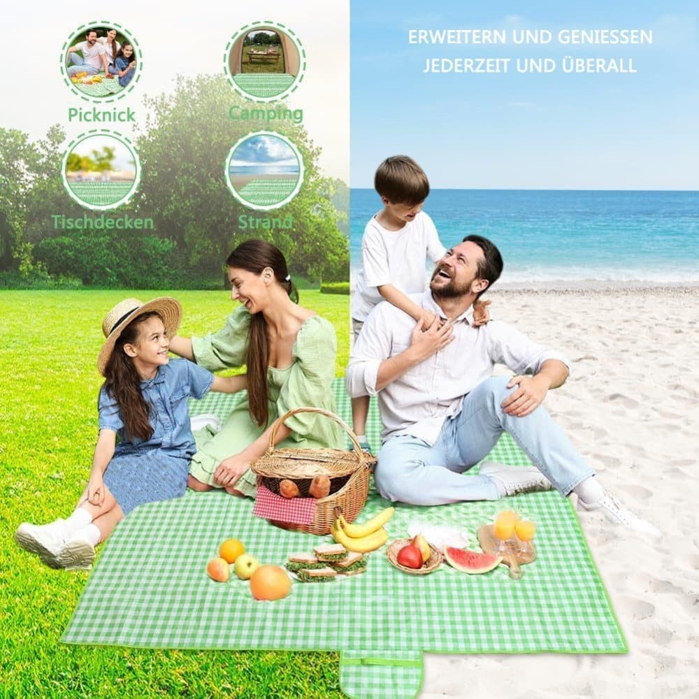 Waterproof Picnic Mat Foldable with Carrying Handle for Camping Beach Park Outdoor Activities, 150x200cm, Green