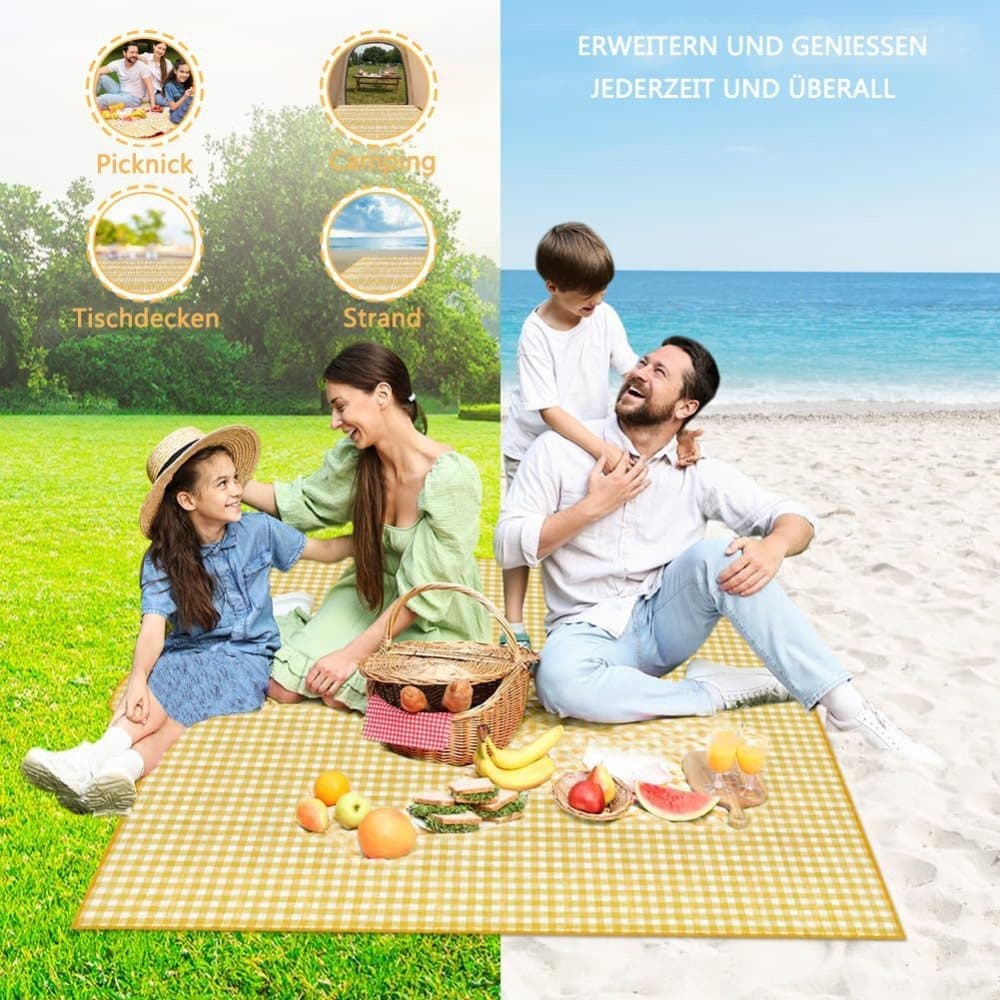 Waterproof Picnic Mat Foldable with Carrying Handle for Camping Beach Park and Outdoor Activities, 100x150cm, Yellow