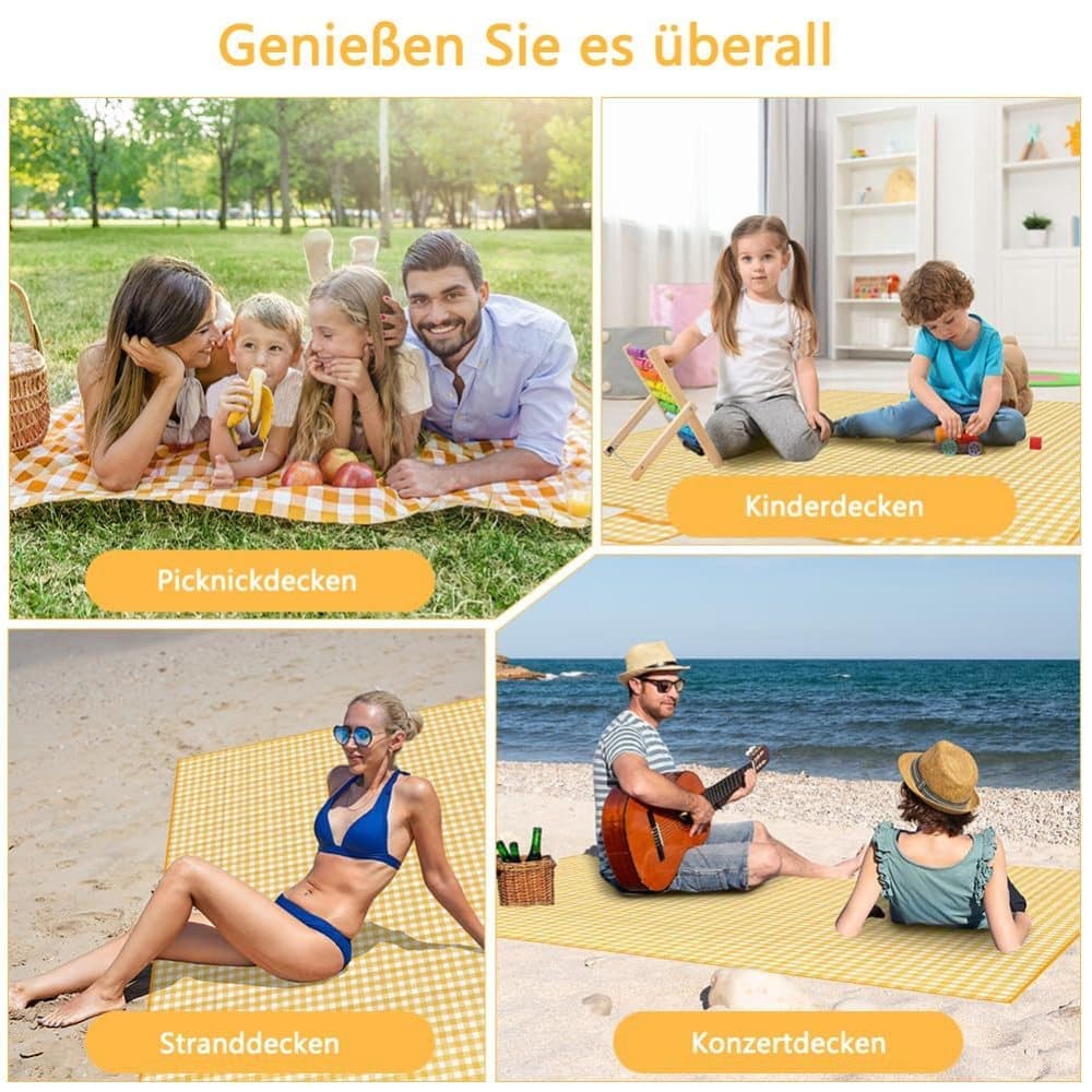 Waterproof Picnic Mat Foldable with Carrying Handle for Camping Beach Park and Outdoor Activities, 100x150cm, Yellow