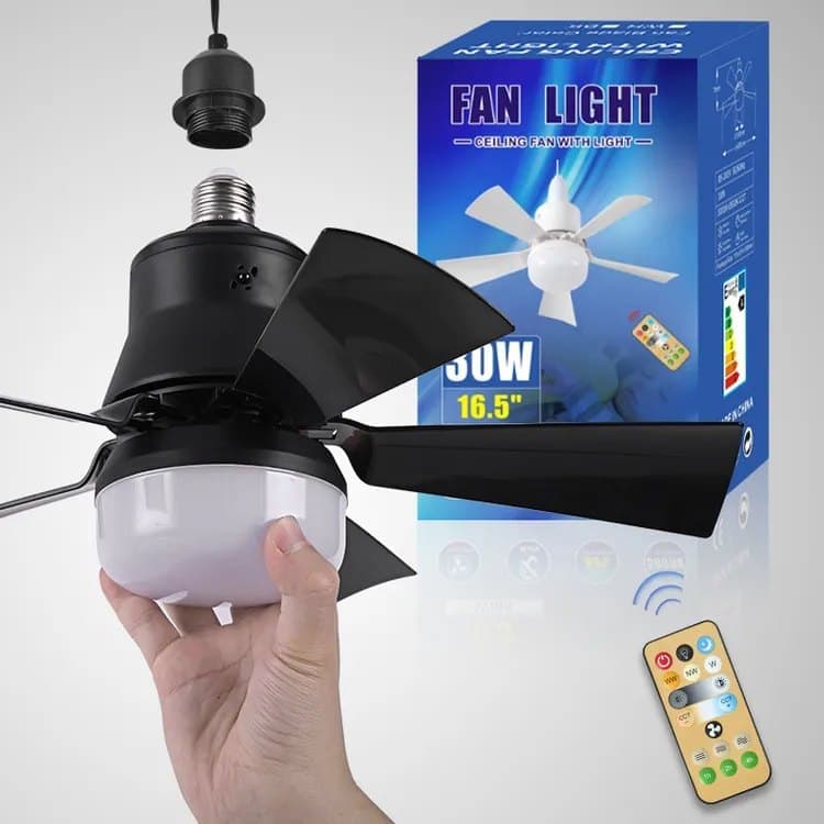 52 Inch Ceiling Fan with Remote Control, 3 Speeds, LED E27, 3 Light Colors, Black