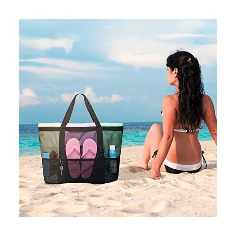 6 Pockets Mesh Beach Bag, Foldable Picnic Bag for Family, Compatible with Oral-B, Large, Black
