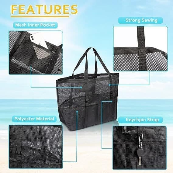 6 Pockets Mesh Beach Bag, Foldable Picnic Bag for Family, Compatible with Oral-B, Large, Black