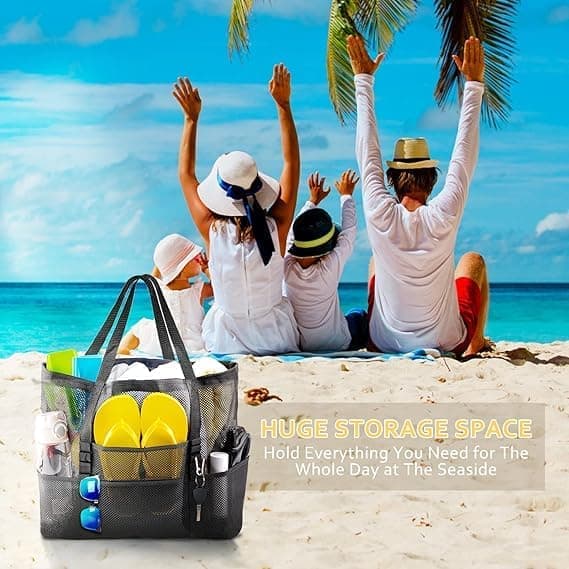 6 Pockets Foldable Mesh Beach Bag for Family Picnic, One Size, Blue