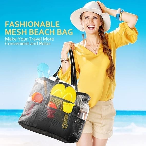 6 Pockets Foldable Mesh Beach Bag for Family Picnic, One Size, Blue