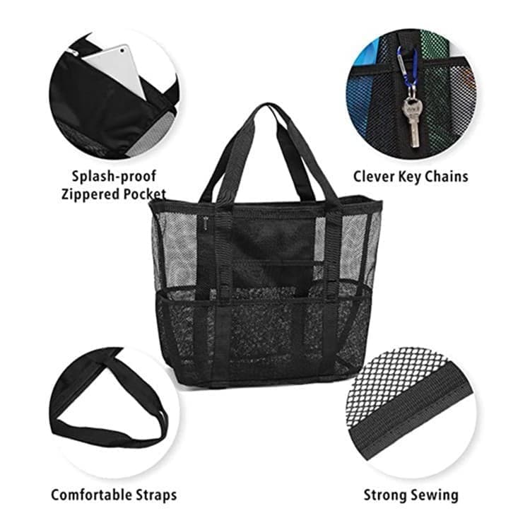 Foldable Mesh Beach Bag with 6 Pockets, Family Picnic Bag, Gray, One Size
