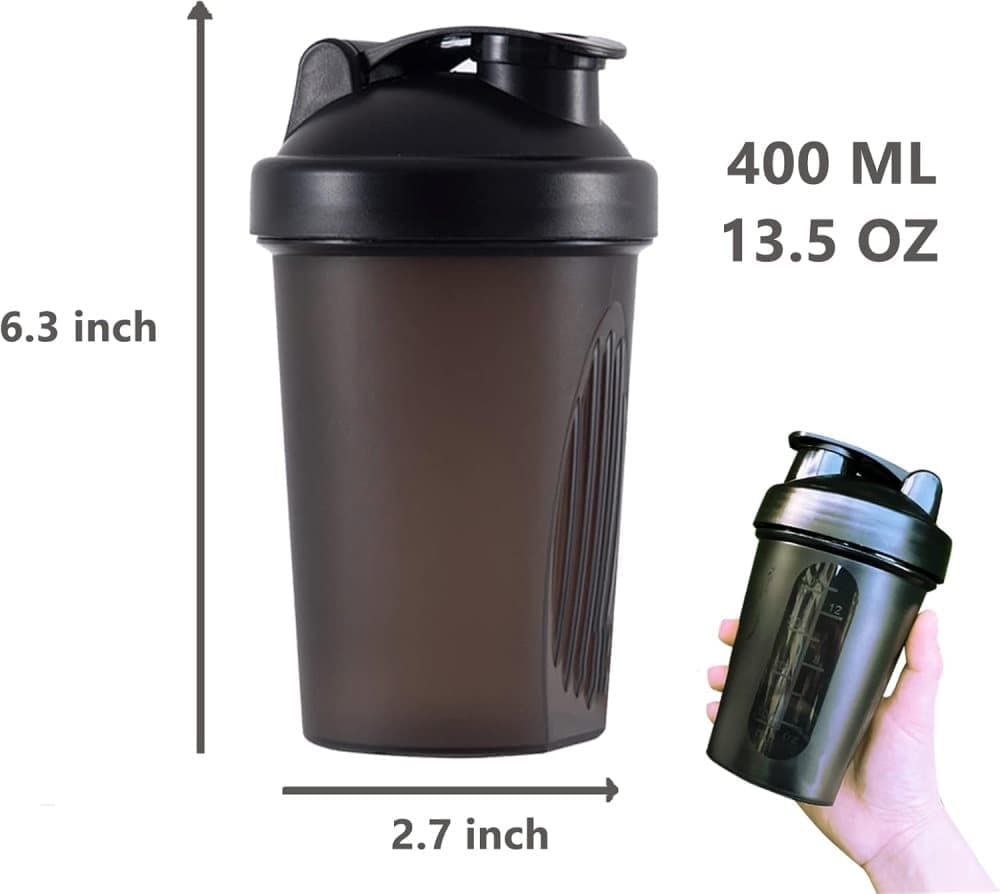 Protein Shaker 400 ml, Pink, Leak-proof Water Bottle with Stainless Steel Strainer and Measuring Scale