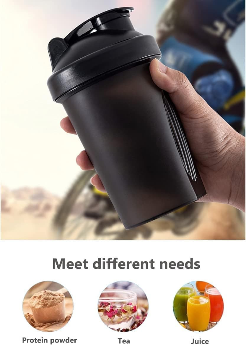 400 ml Protein Shaker, Leak-proof Water Bottle with Stainless Steel Strainer and Measuring Scale, Black
