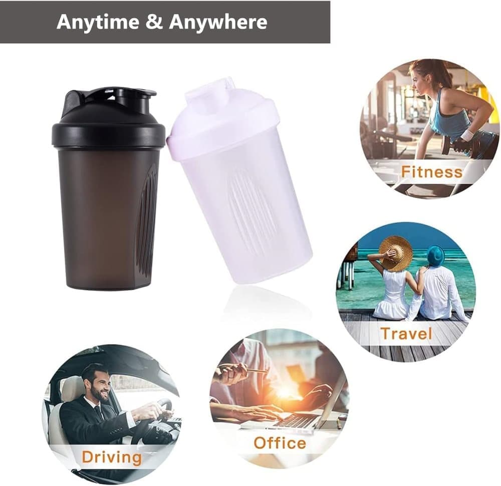 400ml Protein Shaker with Leak-proof Design, Stainless Steel Strainer and Measuring Scale, Multiple Colors, White