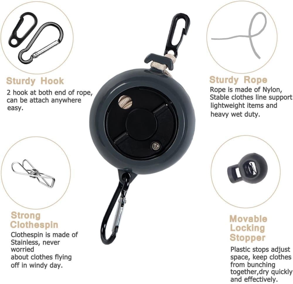 10m Retractable Clothesline, Portable for Indoors and Outdoors, Travel Camping Hotels Gardens, Black