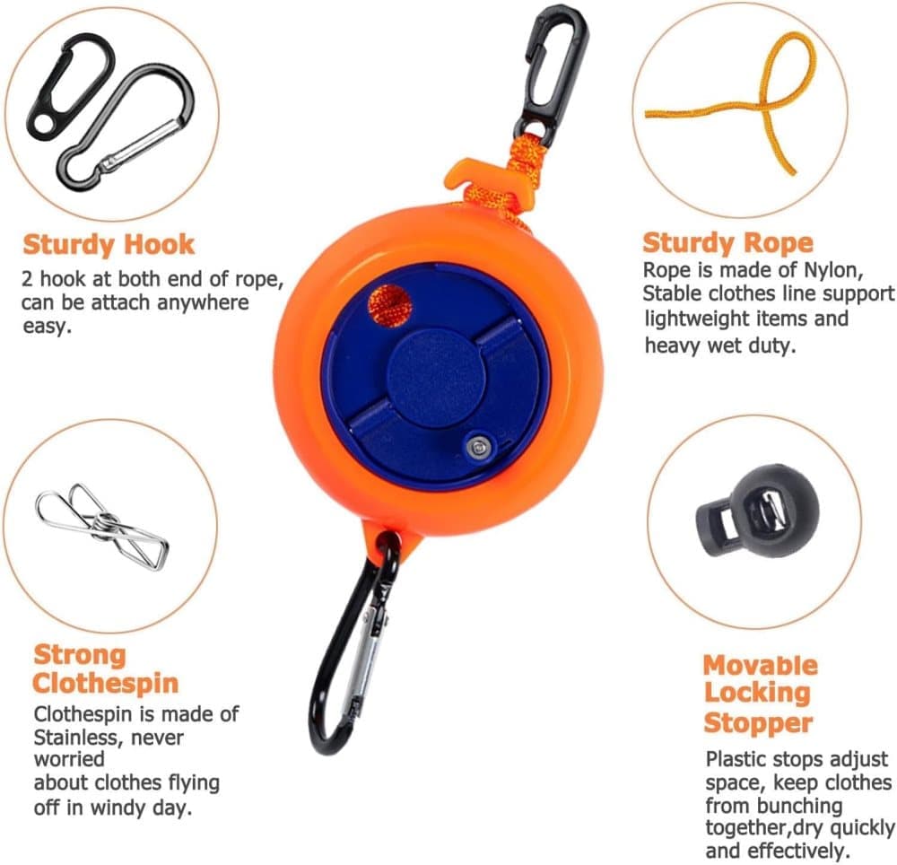 10m Retractable Clothesline Portable for Indoors Outdoors Travel Camping Hotels Gardens, 10m Orange