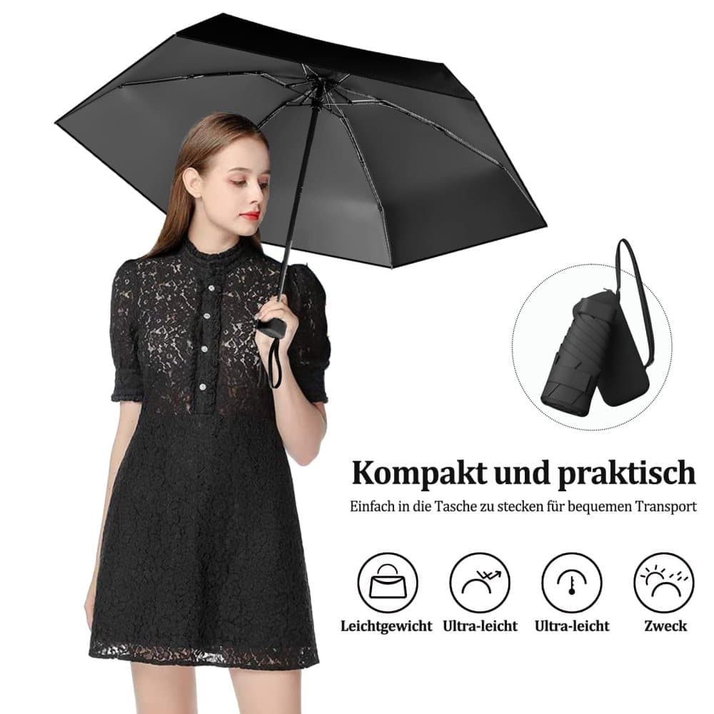 6-Fold Mini Umbrella with Storage Box, Ultralight Folding Pocket Umbrella for Sun and Rain UV Protection, Black