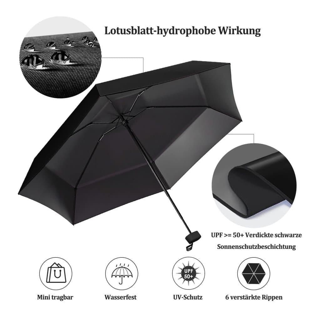 6-Fold Mini Umbrella with Storage Box, Ultralight Folding Pocket Umbrella for Sun and Rain UV Protection, Black