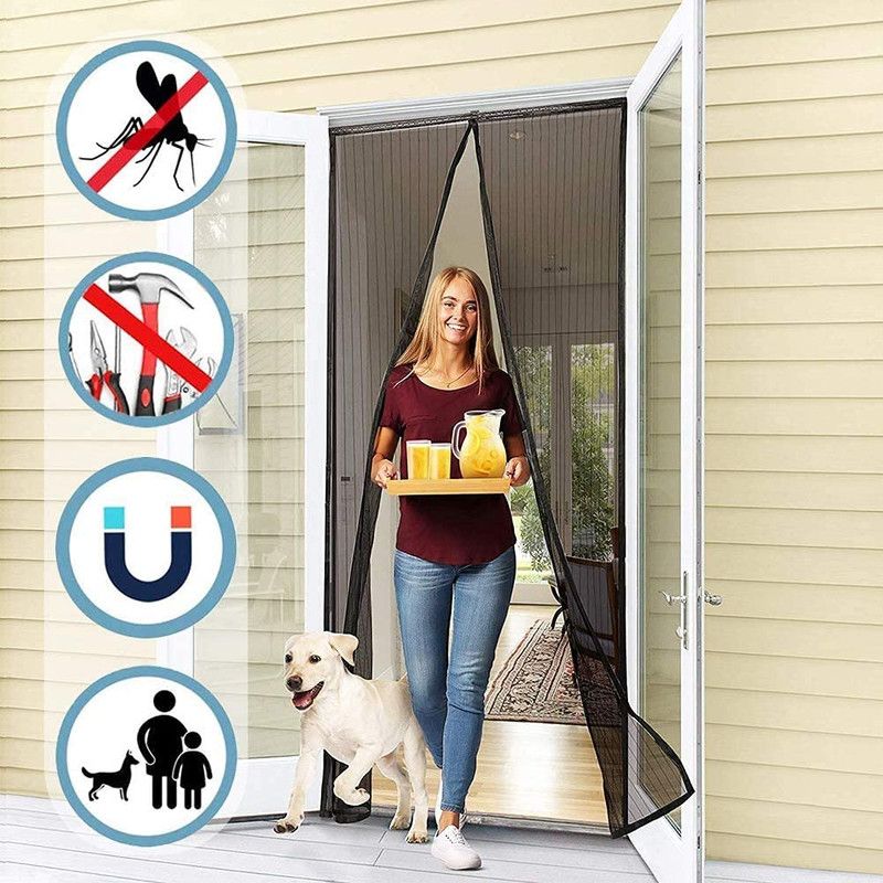 Magnetic Door Screens - 100x210 cm Self-Closing - High-Density Insect Mesh - No Drilling Required - Black