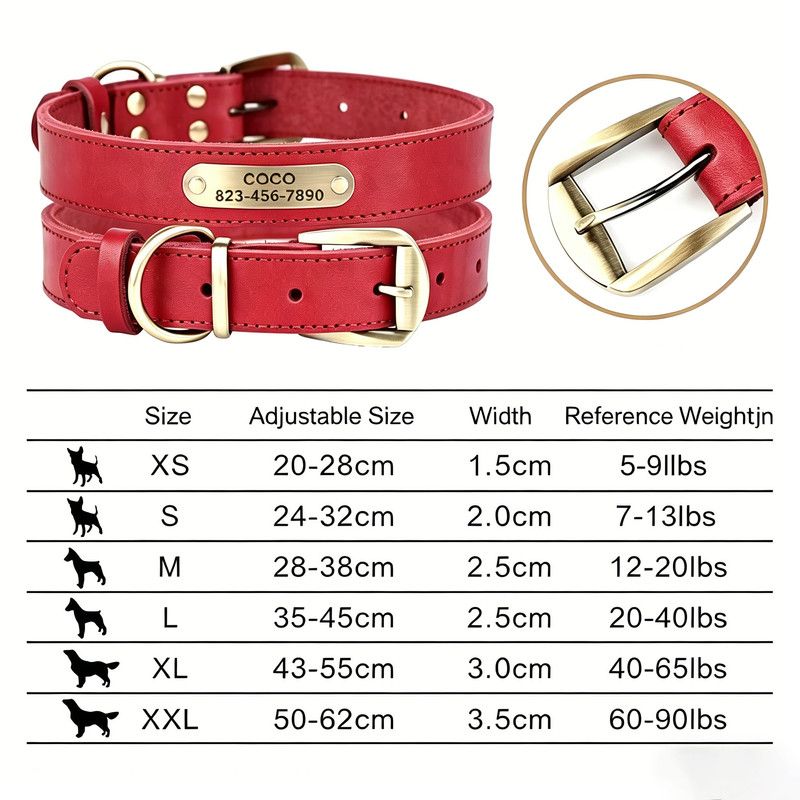 Premium Genuine Leather Dog Collar/Durable Real Leather Adjustable Collars For Male Female(XL,Red)
