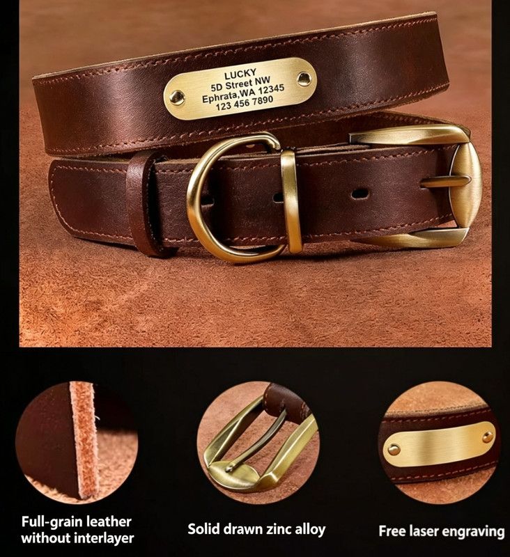 Premium Genuine Leather Dog Collar/Durable Real Leather Adjustable Collars For Male Female(XL,Dark brown)