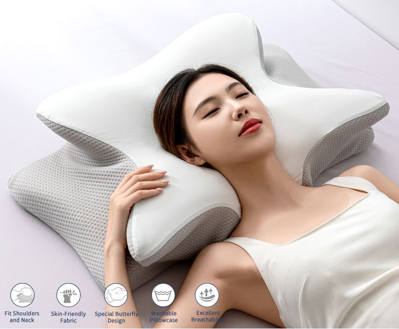 Ice Silk Butterfly-Shaped Memory Foam Pillow | Ergonomic, Orthopedic, Sleep-Aiding, Suitable for Three Sleeping Positions (23.62*15.75*5.12 inch，Light gray)