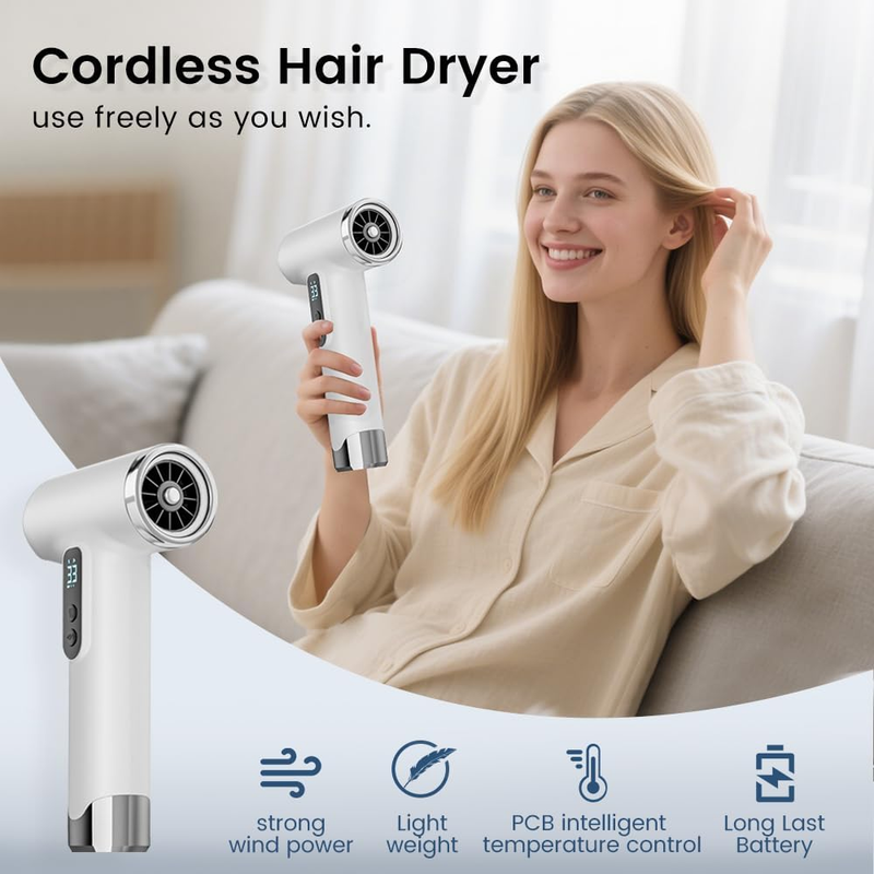 Rechargeable Cordless Handheld Hair Dryer with LED Temperature Display, Portable USB Wireless Mini Blow Dryer for Travel Camping Home Use（White）