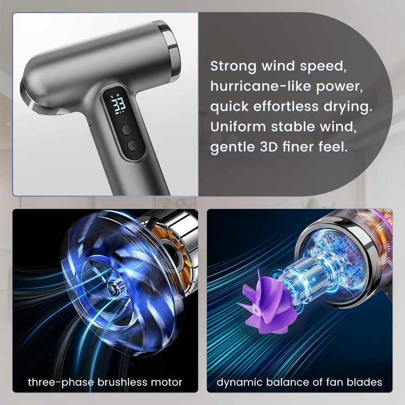 Rechargeable Cordless Handheld Hair Dryer with LED Temperature Display, Portable USB Wireless Mini Blow Dryer for Travel Camping Home Use（Gray）