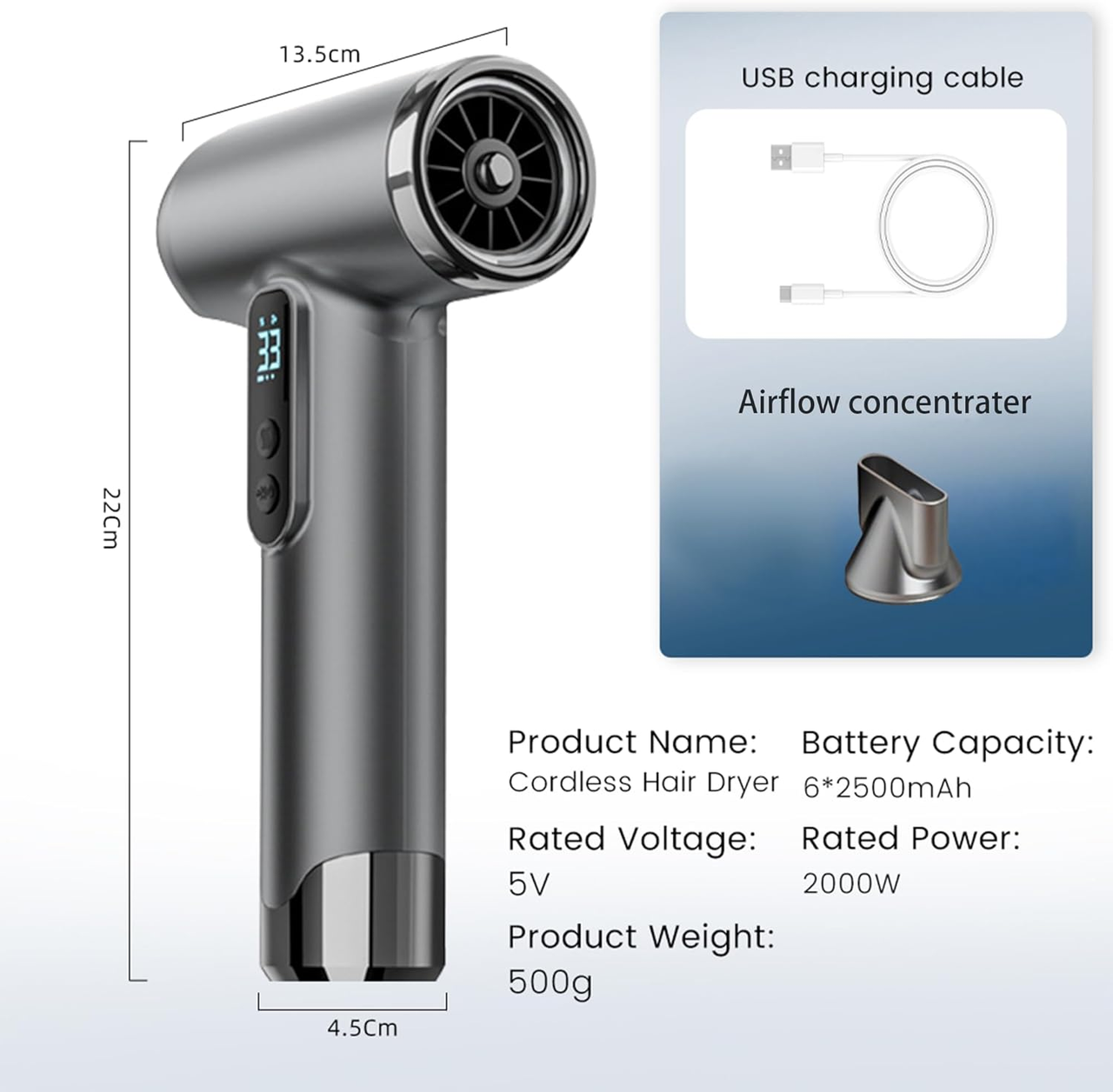 Rechargeable Cordless Handheld Hair Dryer with LED Temperature Display, Portable USB Wireless Mini Blow Dryer for Travel Camping Home Use（Pink）