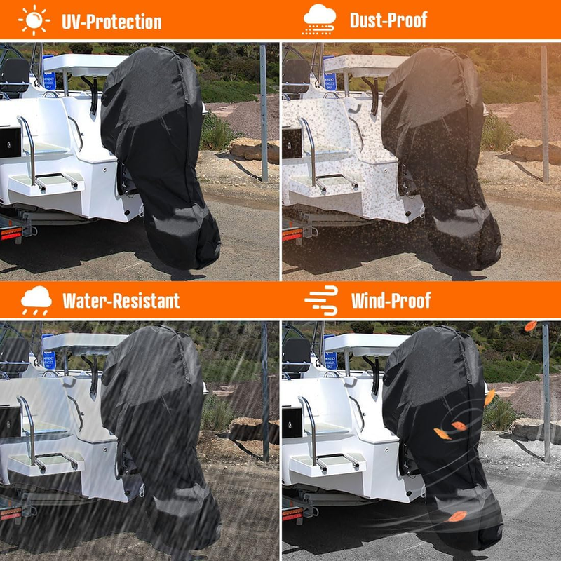 600D Oxford Cloth Outboard Motor Cover, Waterproof UV Resistant Boat Engine Protective Cover for Yacht Fishing Boat（6-15HP）