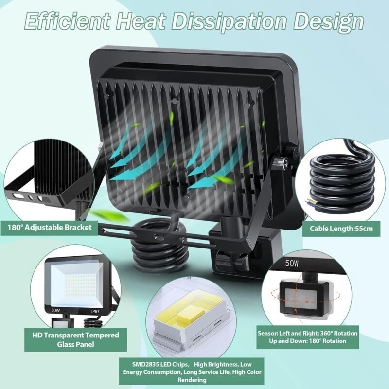 2 Pack LED Floodlight with Motion Sensor, 50W 5000LM 7000K Cool White, IP67 Waterproof