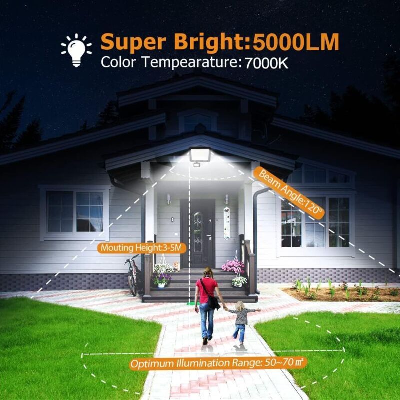 2 Pack LED Floodlight with Motion Sensor, 50W 5000LM 7000K Cool White, IP67 Waterproof
