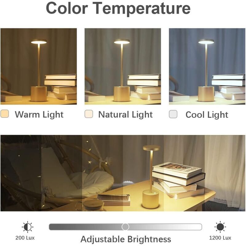 Table Lamp, Rechargeable Wireless LED Metal Desk Lamp, 5000mAh USB Charging, 3 Color Modes