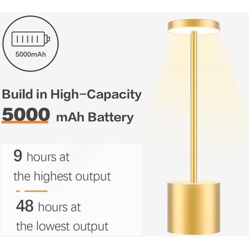 Table Lamp, Rechargeable Wireless LED Metal Desk Lamp, 5000mAh USB Charging, 3 Color Modes