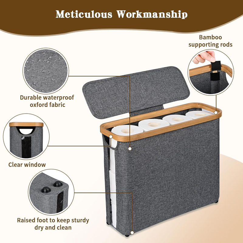 Toilet Paper Storage Basket with Lid, Holds 9-12 Rolls，gray