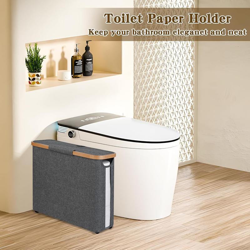Toilet Paper Storage Basket with Lid, Holds 9-12 Rolls，gray